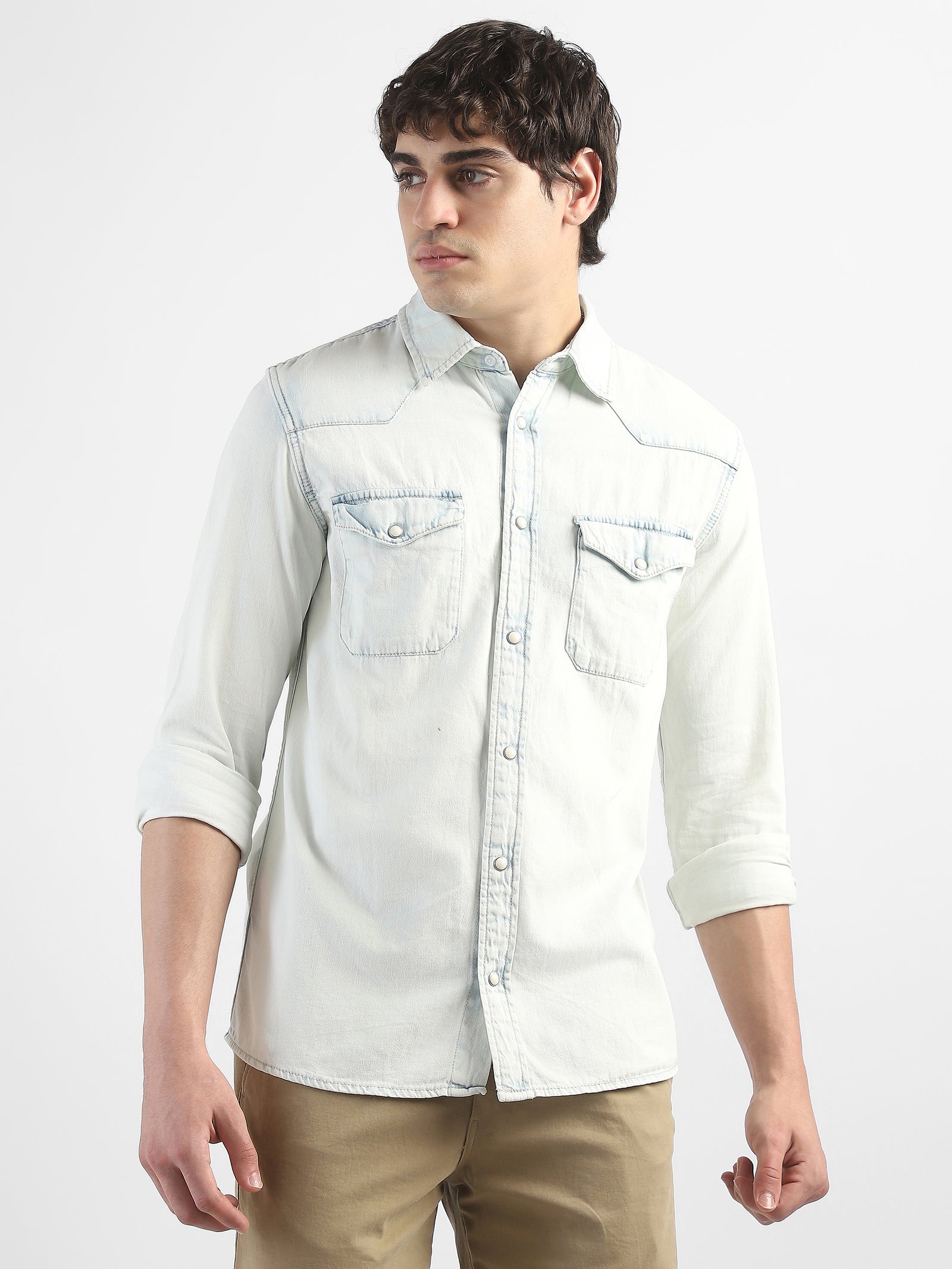 Men Denim Light Blue Shirt with Two Pockets