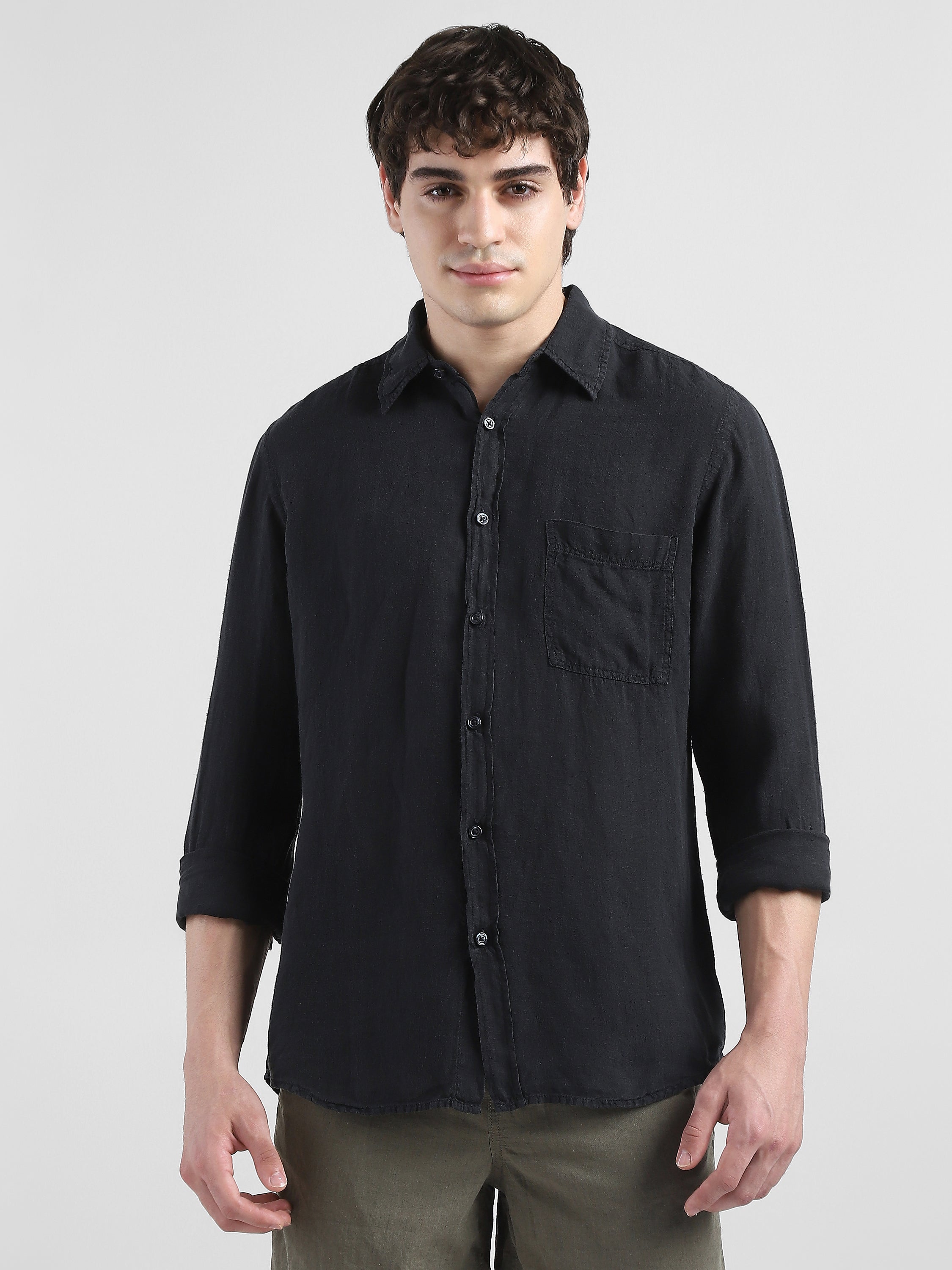 Men 100% Linen Black Regular Fit Shirt