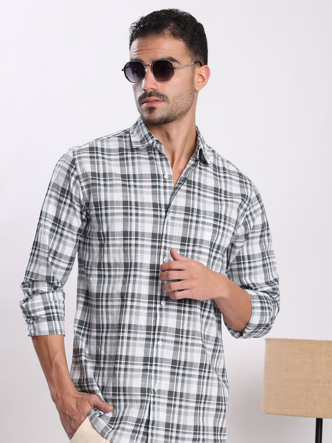 Men Green and White Checked Single Pocket Shirt