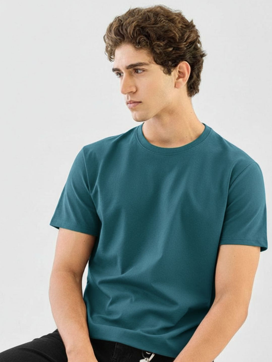 Men Teal Soild Cotton T-shirt