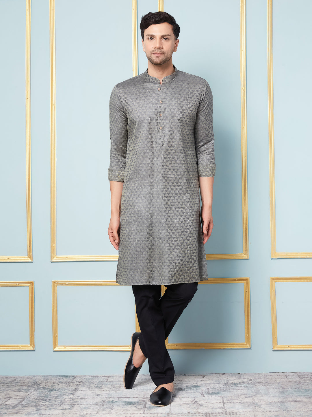 Men Charcoal Woven Design Thread Work Kurta