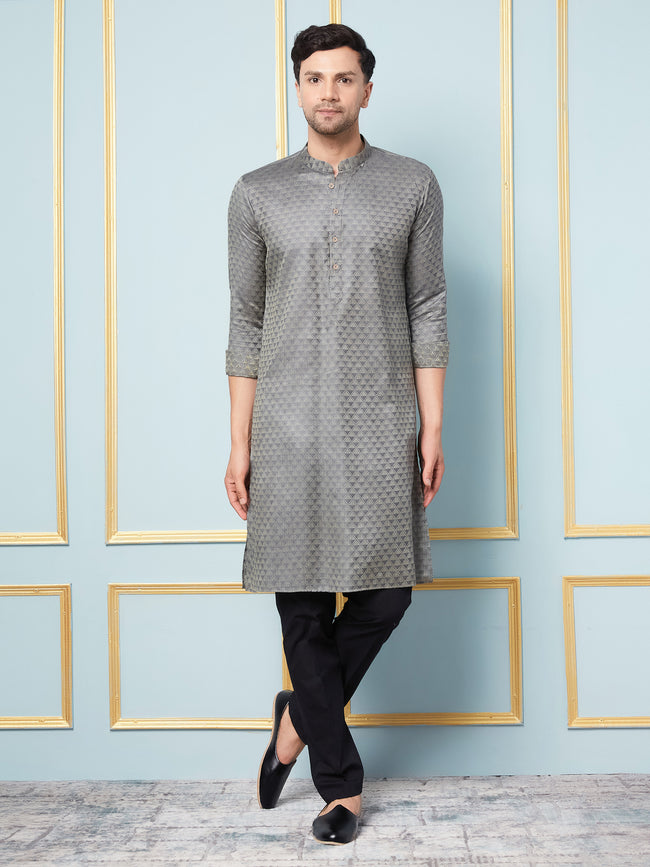 Men Charcoal Woven Design Thread Work Kurta