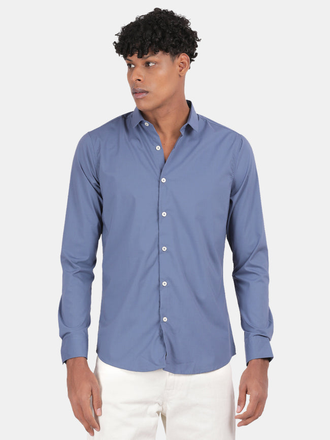 Men Blue Slim Fit Spread Collar Full Sleeve Casual Shirt