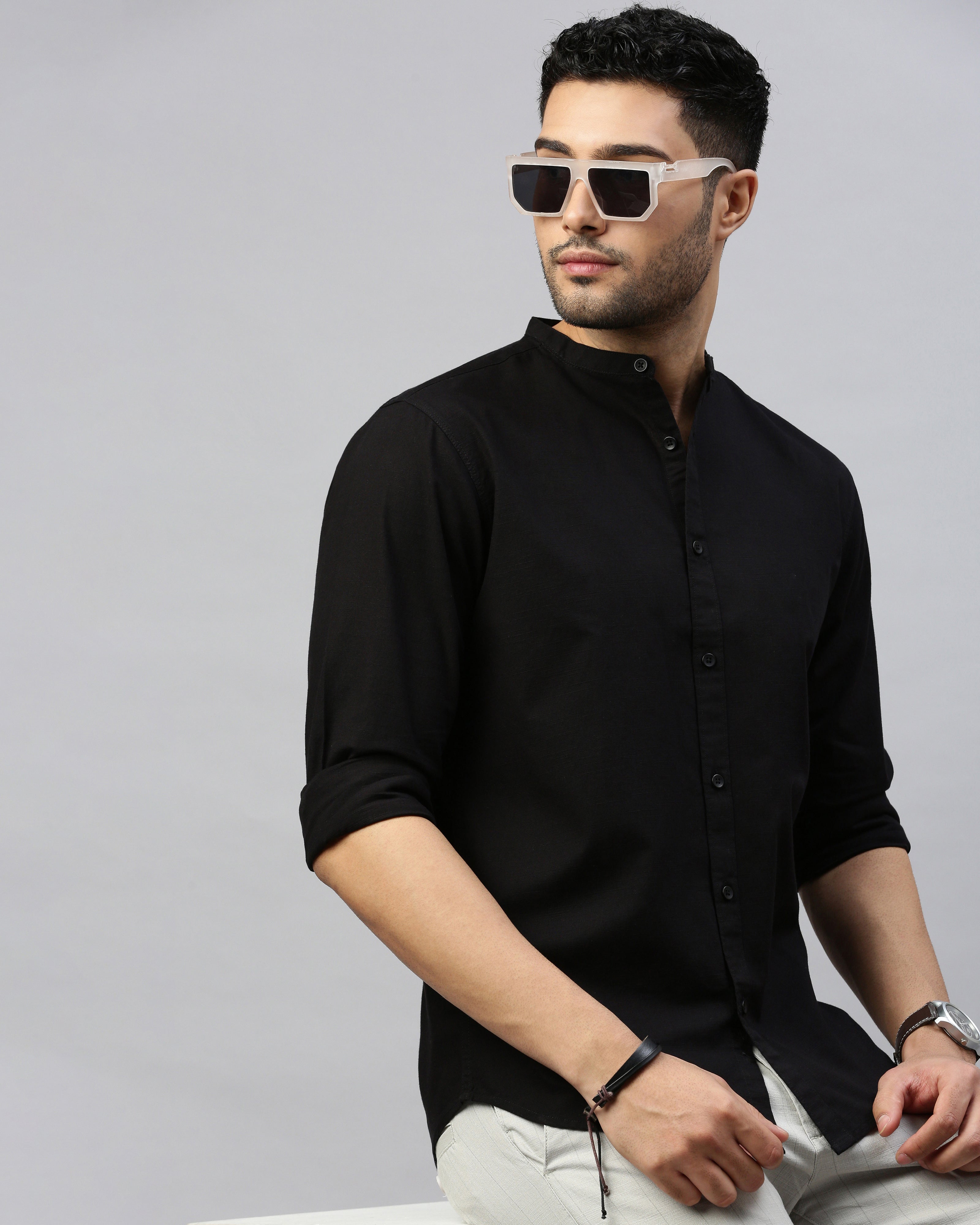 Men Black Cotton Slim Shirt