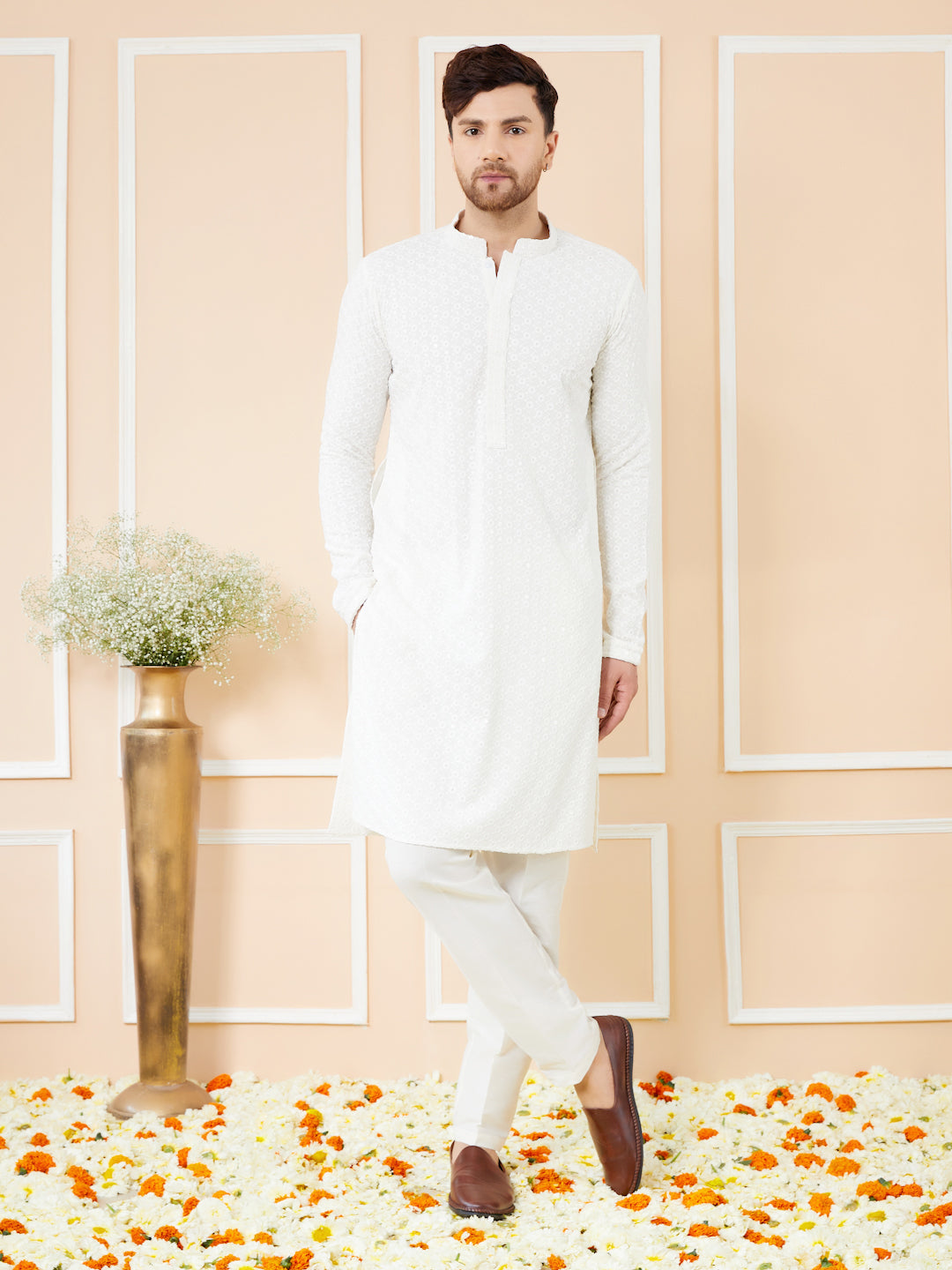 Men  White Embroidered Sequined Rayon Kurta