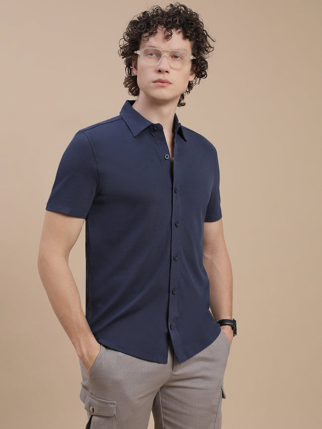 Men Navy Half Sleeve Shirt