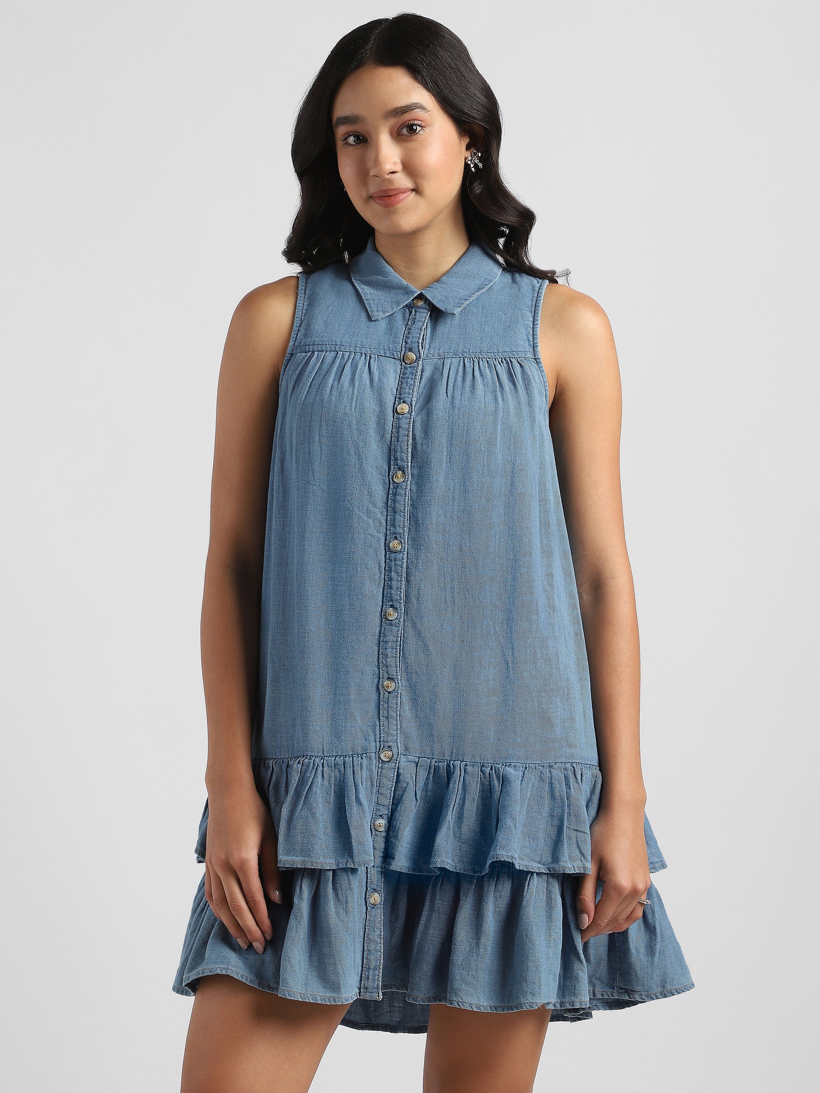 Women Blue Denim dress with bottom Frill