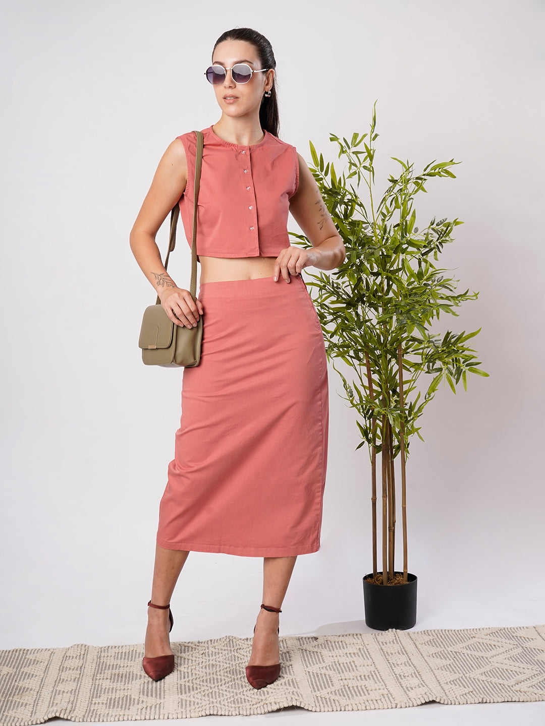 Women Pink Sleeve less top and Skirt Coord Set