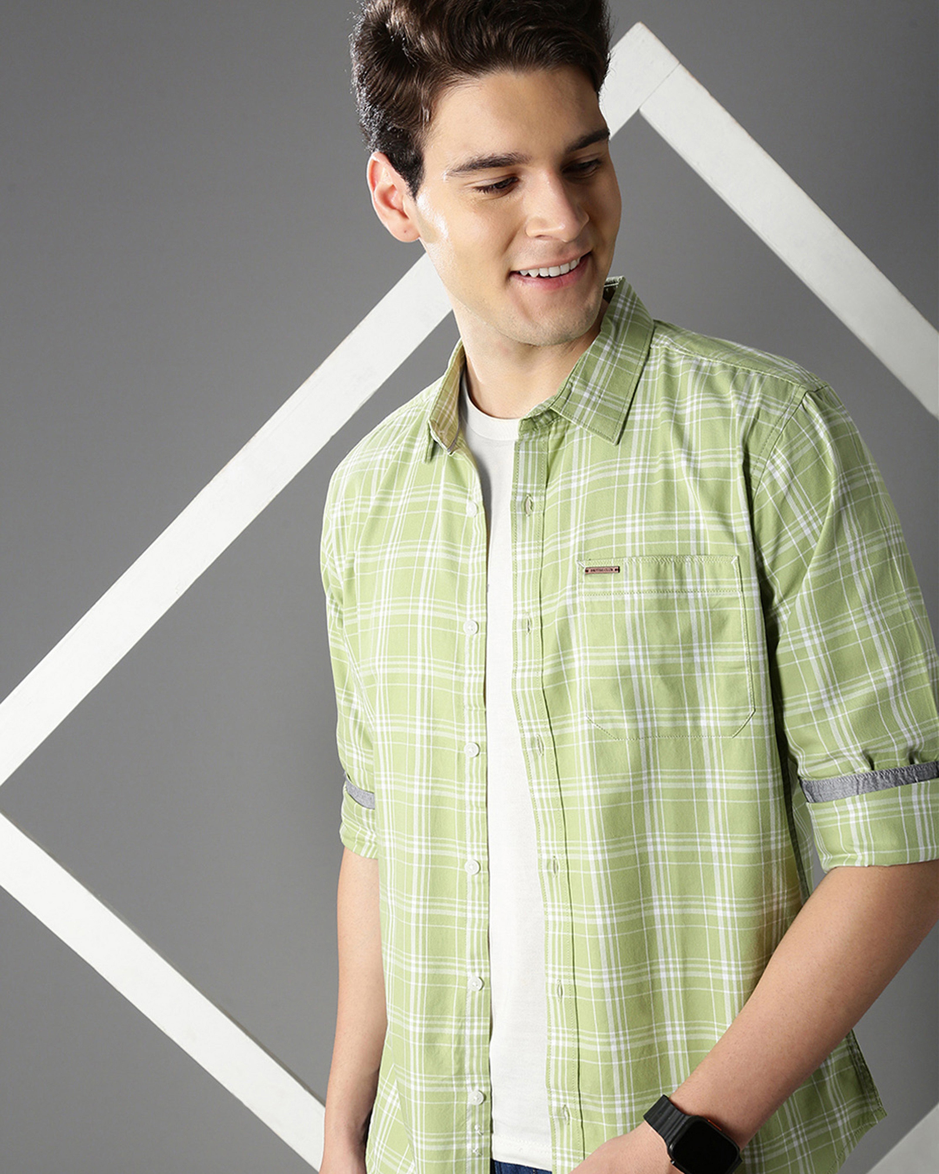 Men Green Cotton Slim Shirt
