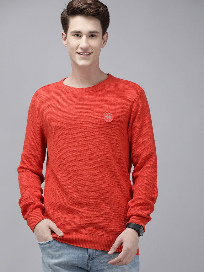 Men Ardor Edition Orange Self-Designed Slim Fit Knitted Pullover