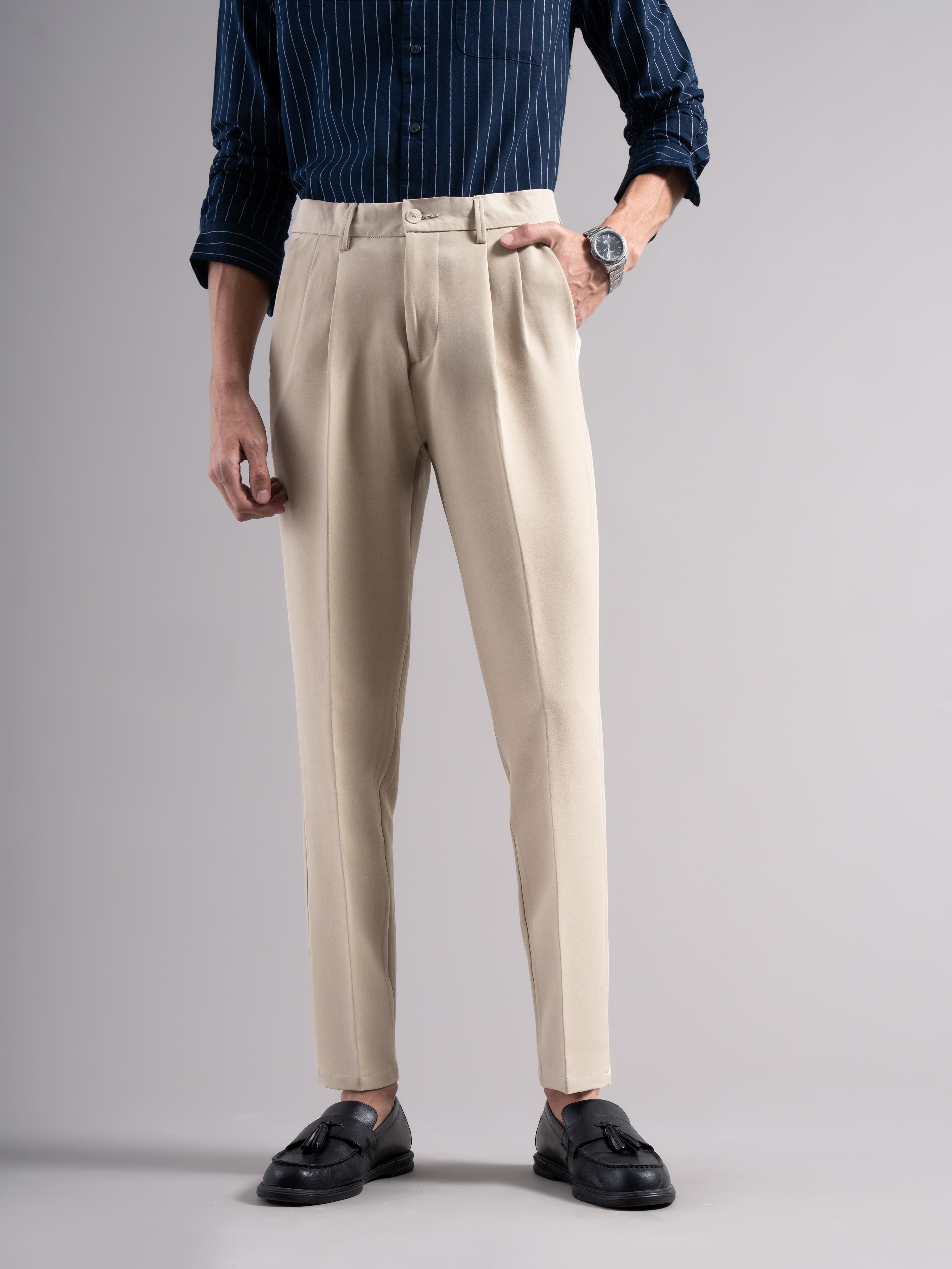Men Beige Pleated Chinos Trousers