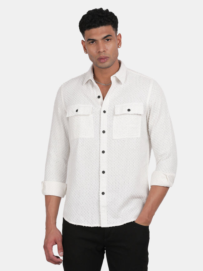 Men White Slim Fit Spread Collar Full Sleeve Casual Shirt