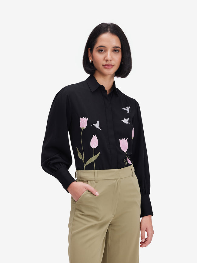 Women Black Luxe Floral Embroidered Shirt