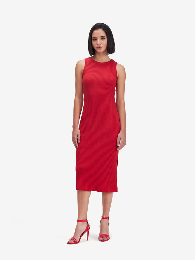 Women Red Ribbed Side Slit Midi Dress