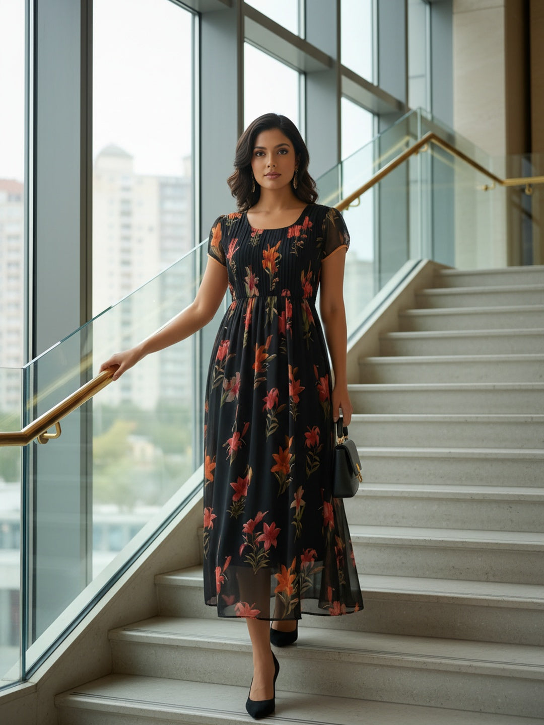 Women Black Floral Chiffon Dress