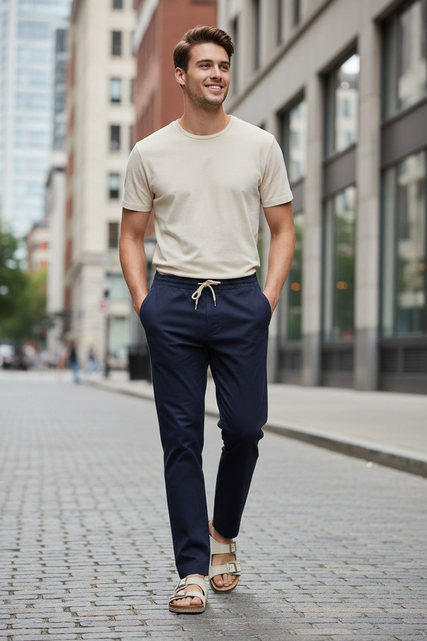 Men Navy Cotton Blend Pants