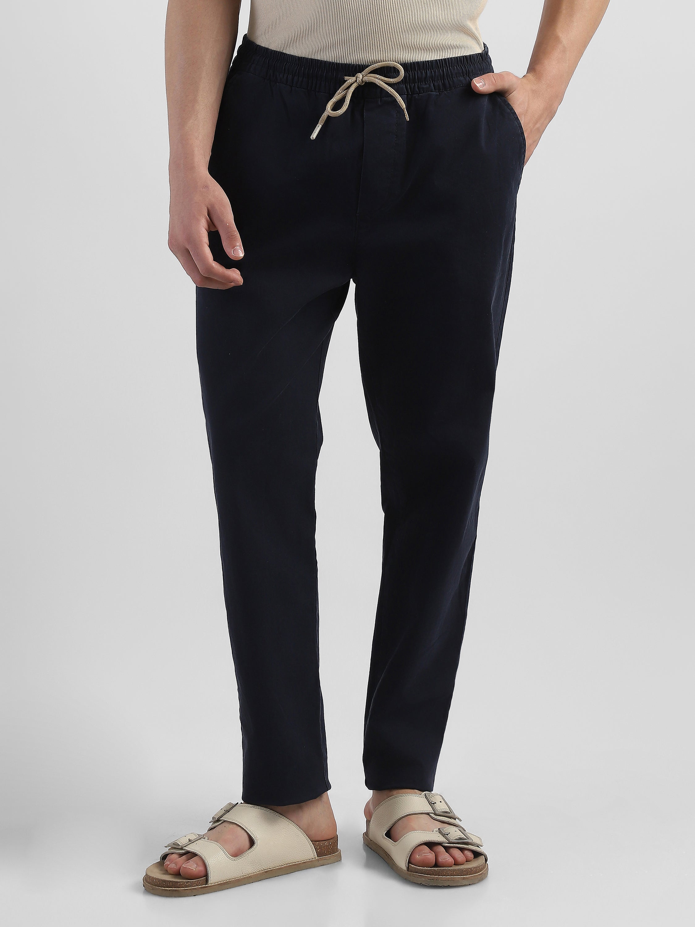 Men Navy Cotton Blend Pants