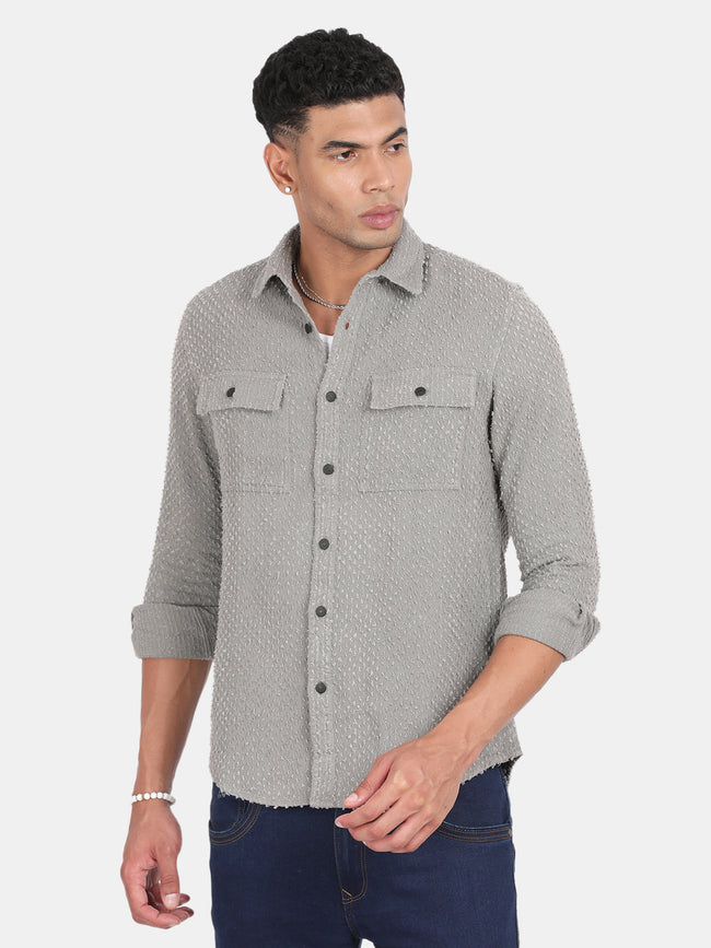 Men Grey Slim Fit Spread Collar Full Sleeve Casual Shirt