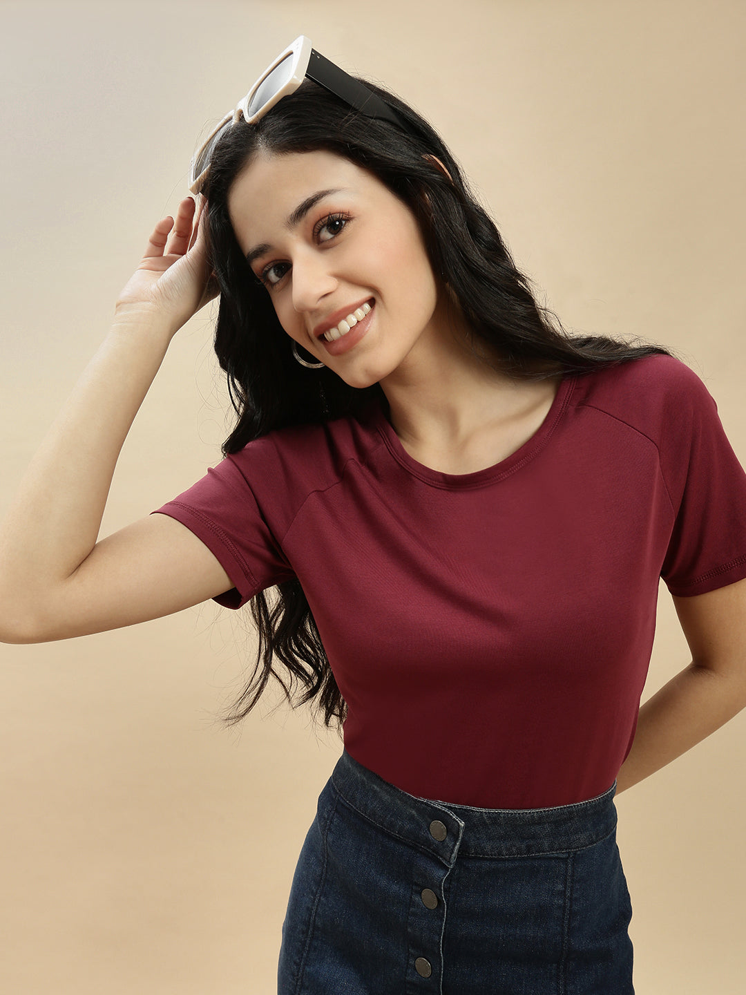 Women Burgundy Half Sleeve Top