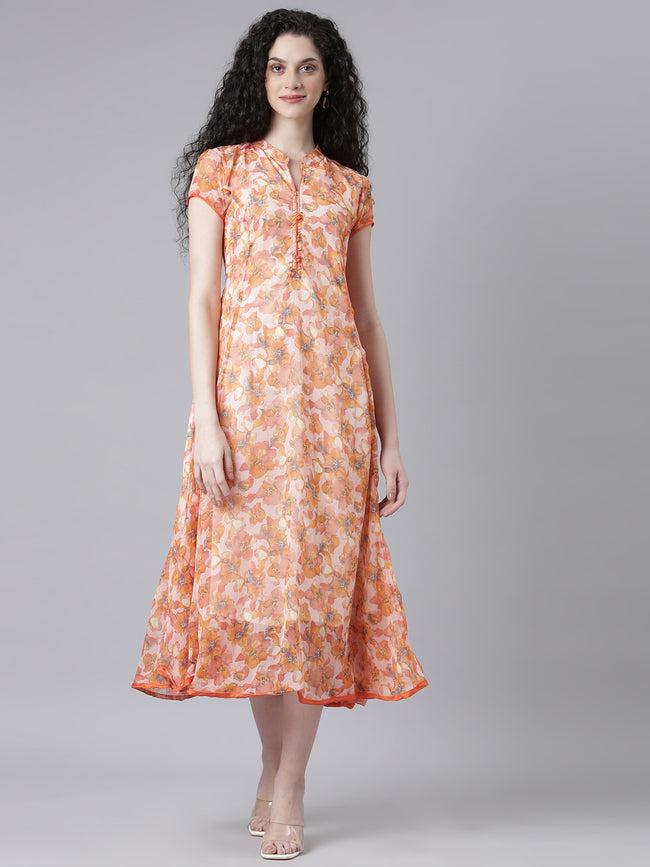 Women Peach Floral Chiffon Dress