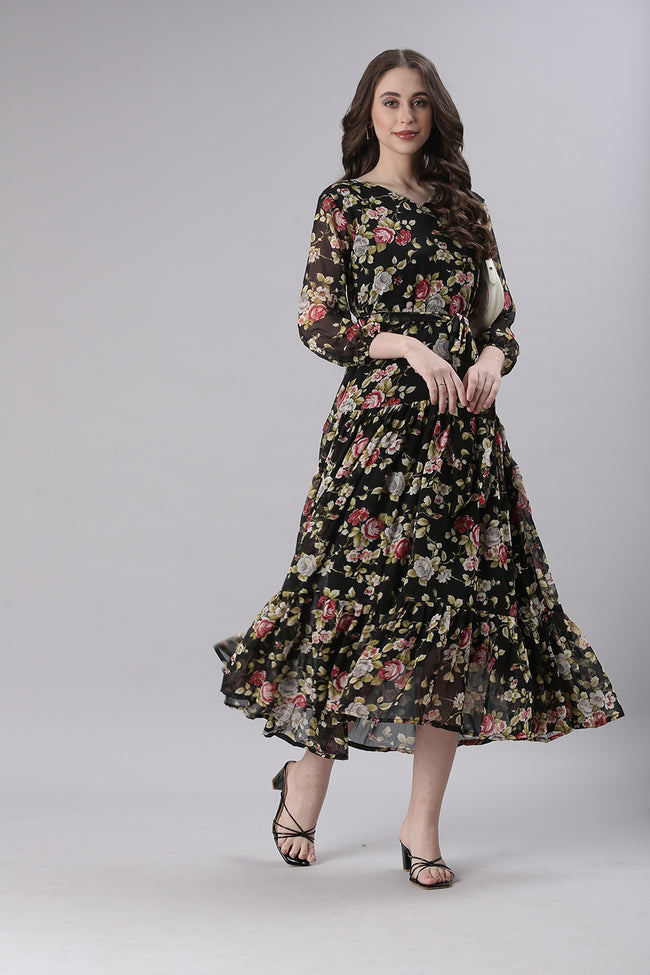 Women Black Floral Chiffon Dress