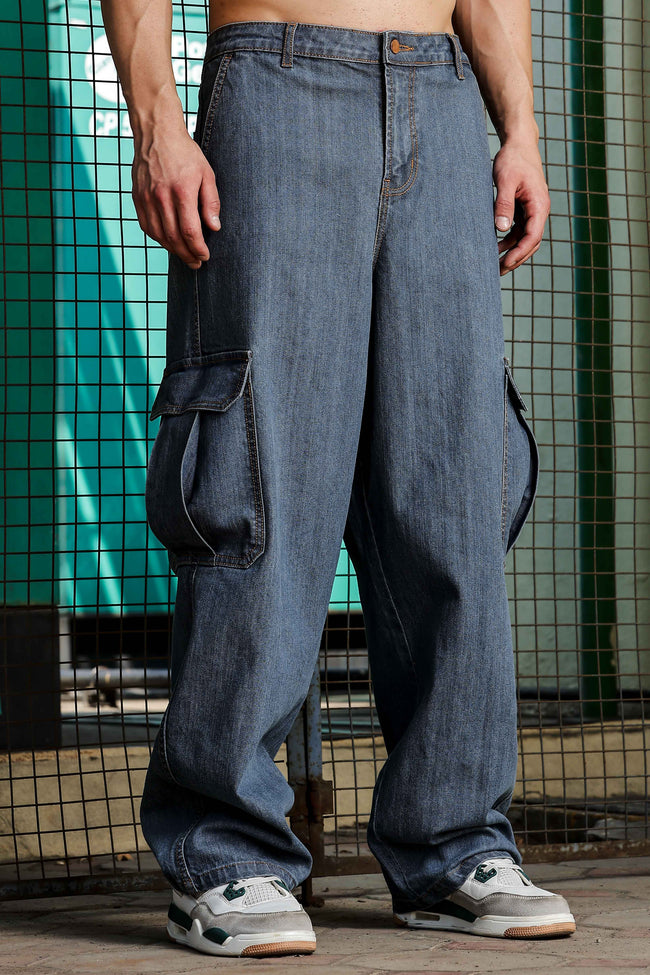 Unisex Blue Denim Cargo Trousers