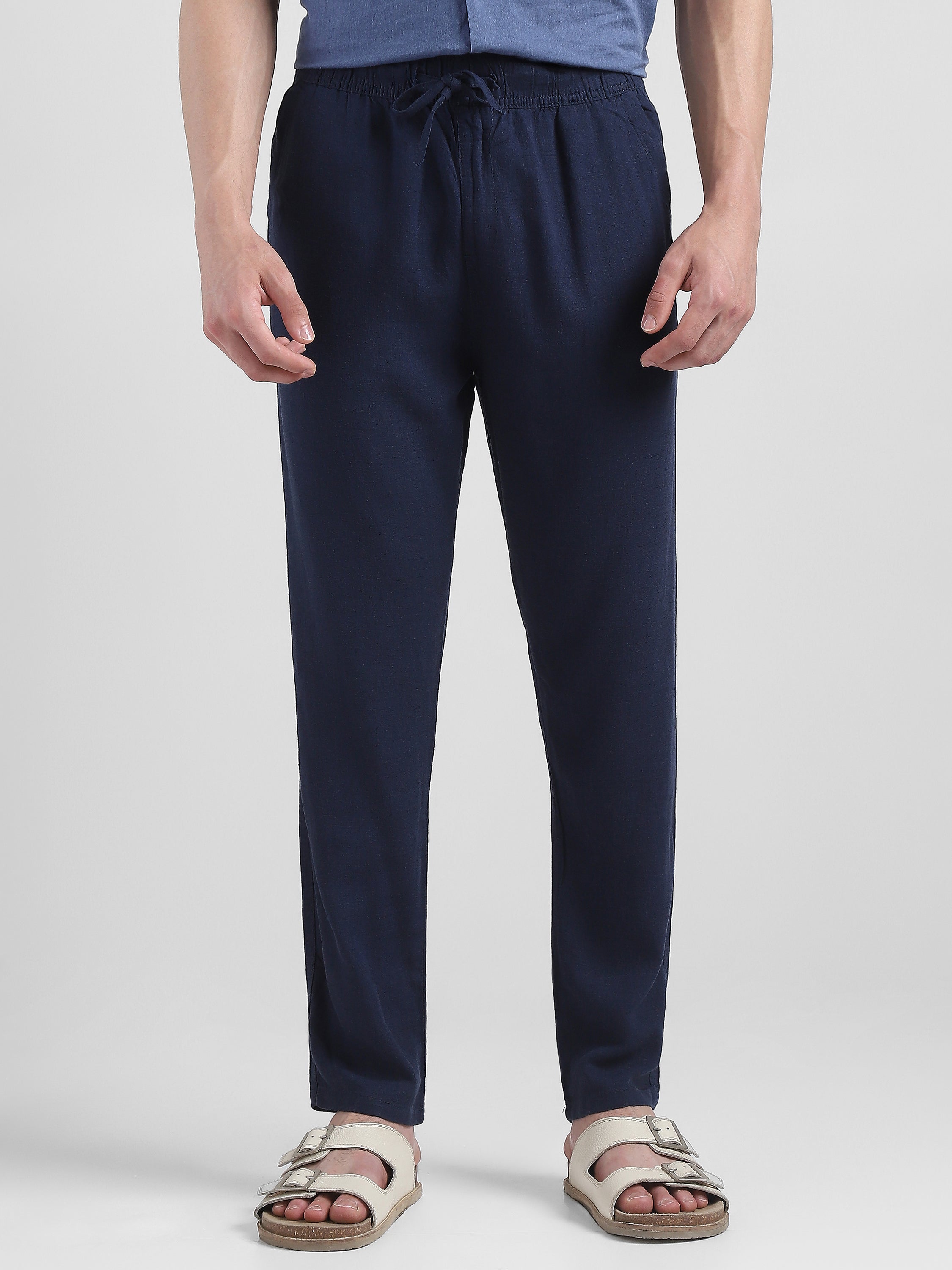 Men Navy Cotton Blend Comfort Fit Pants