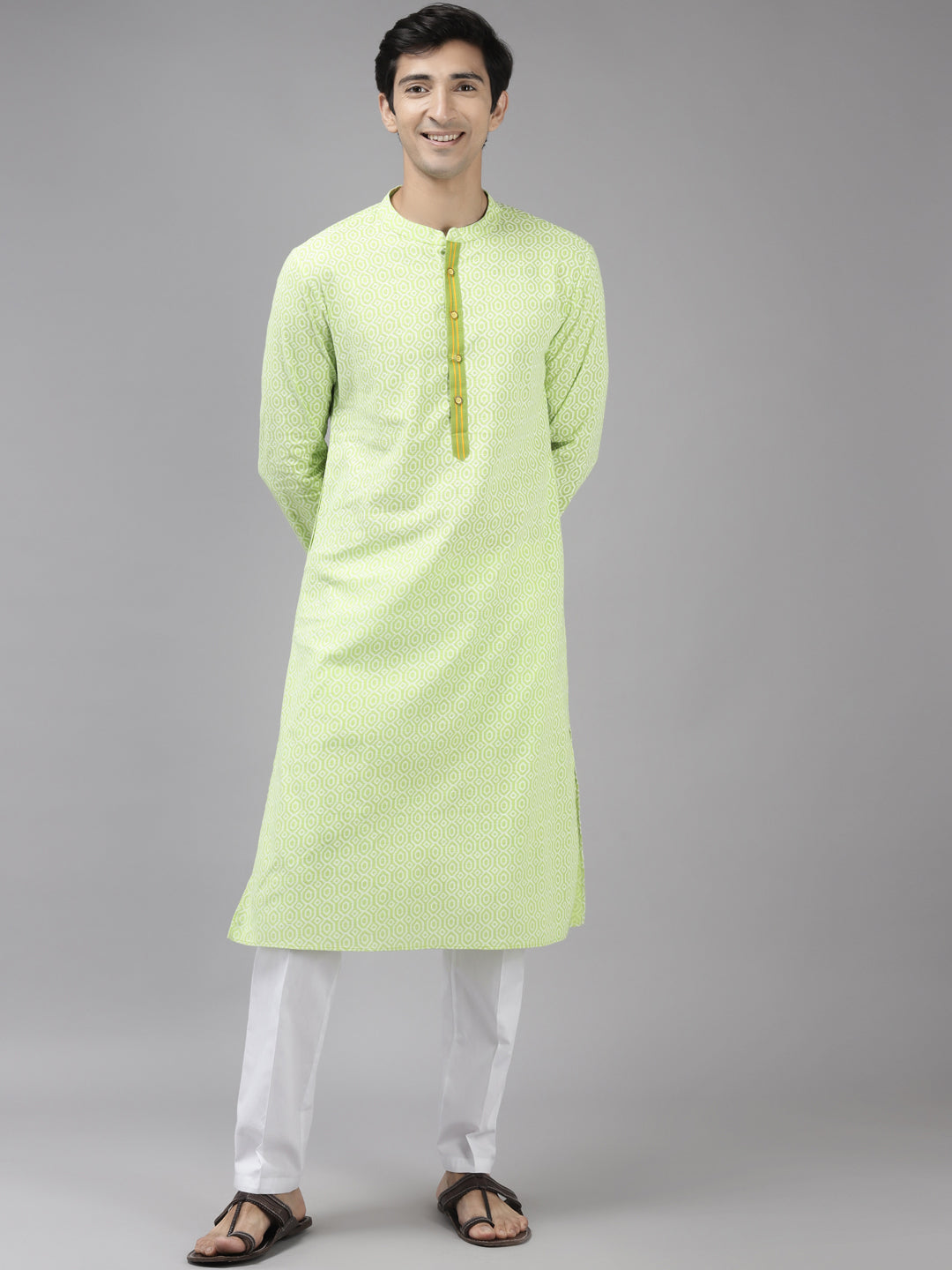 Men Lime Green & White Cotton Kurta