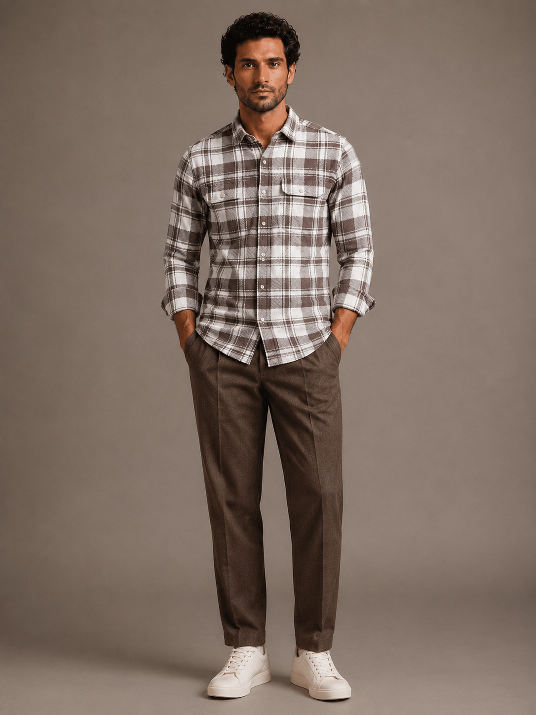 Men Brown Urban Plaid Shirt