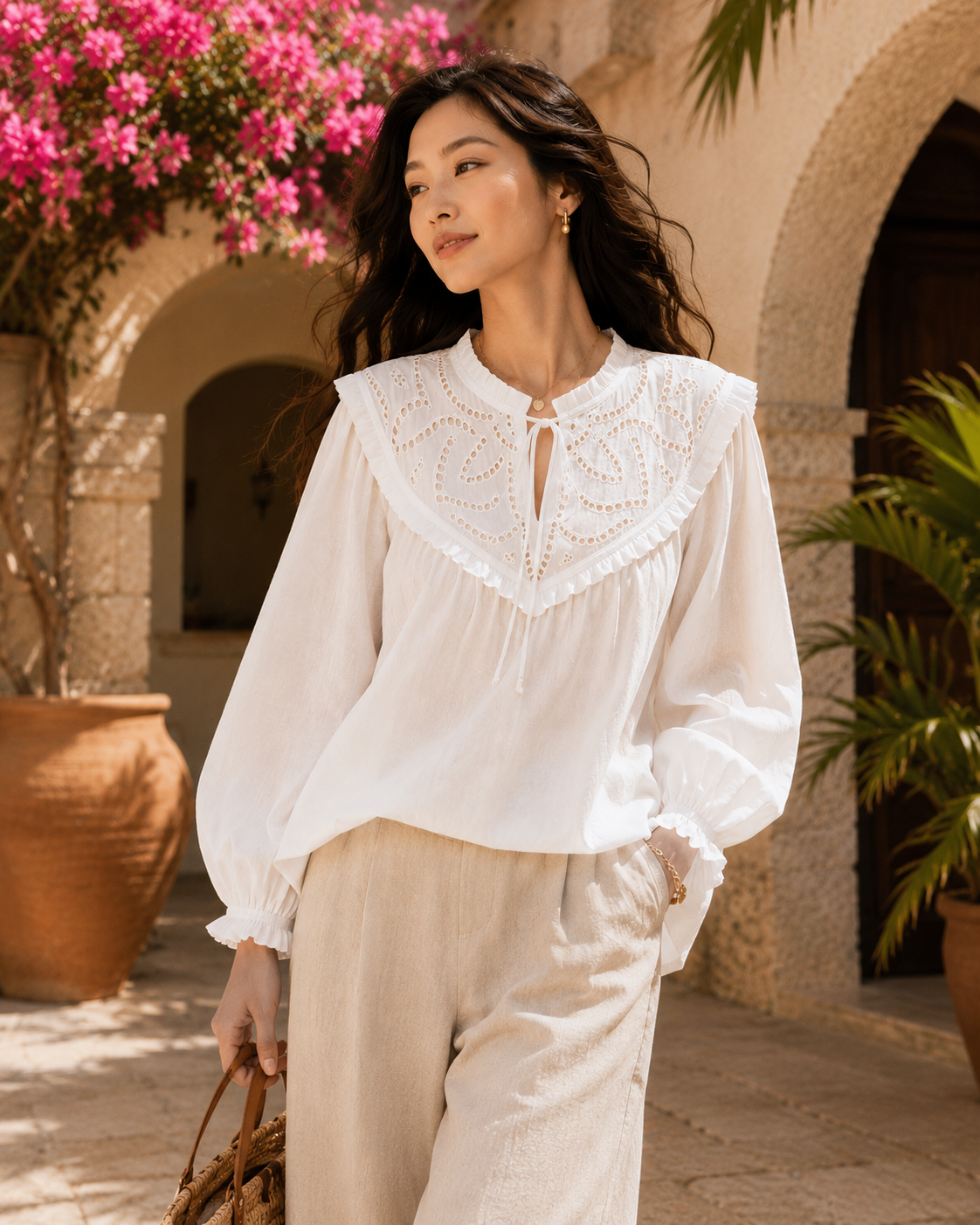 Women White Ruffle Detail Top