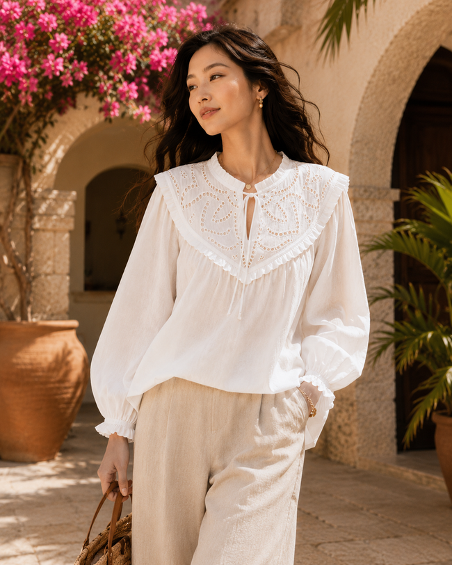 Women White Ruffle Detail Top