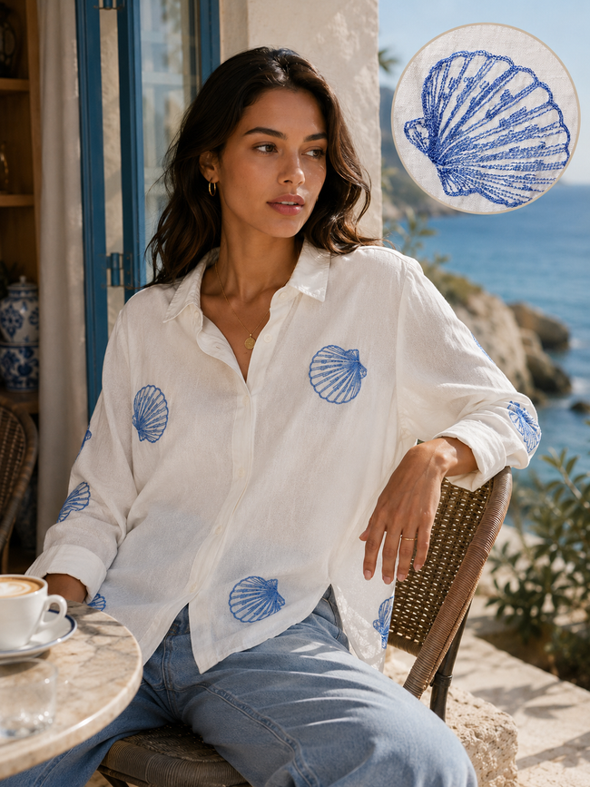 Women White Shell Embroidered high low Shirt