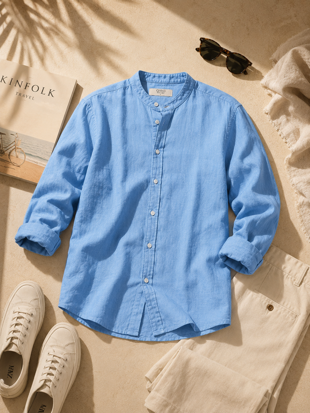 Men Blue Linen Band Collar Shirt