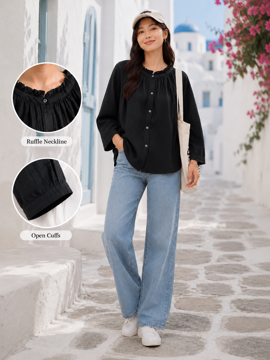 Women Black Ruffle Neck Top
