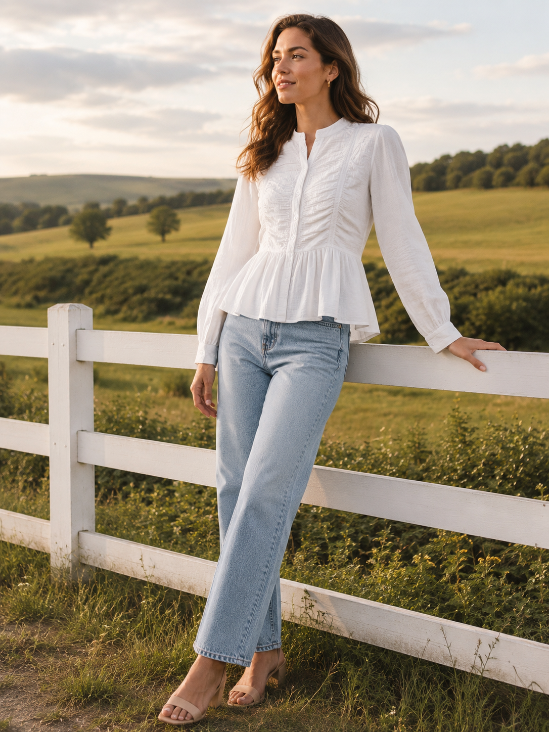 Women White Ruffle Front Peplum Top