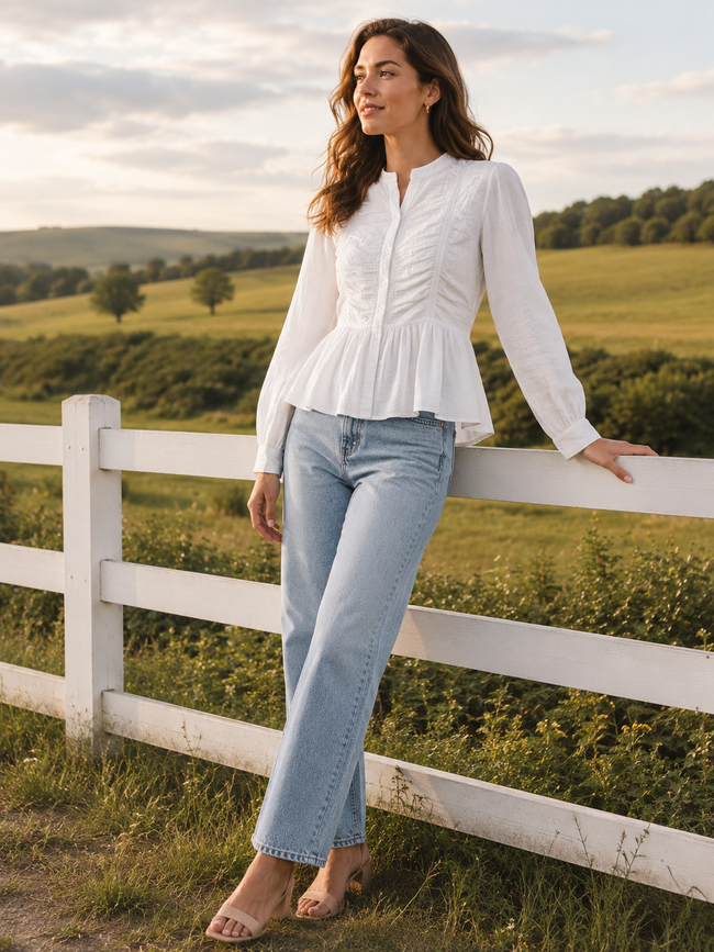 Women White Ruffle Front Peplum Top
