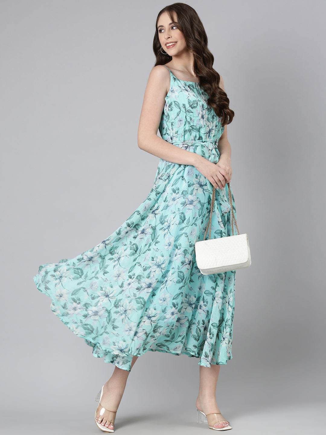Women Blue Floral Chiffon Dress