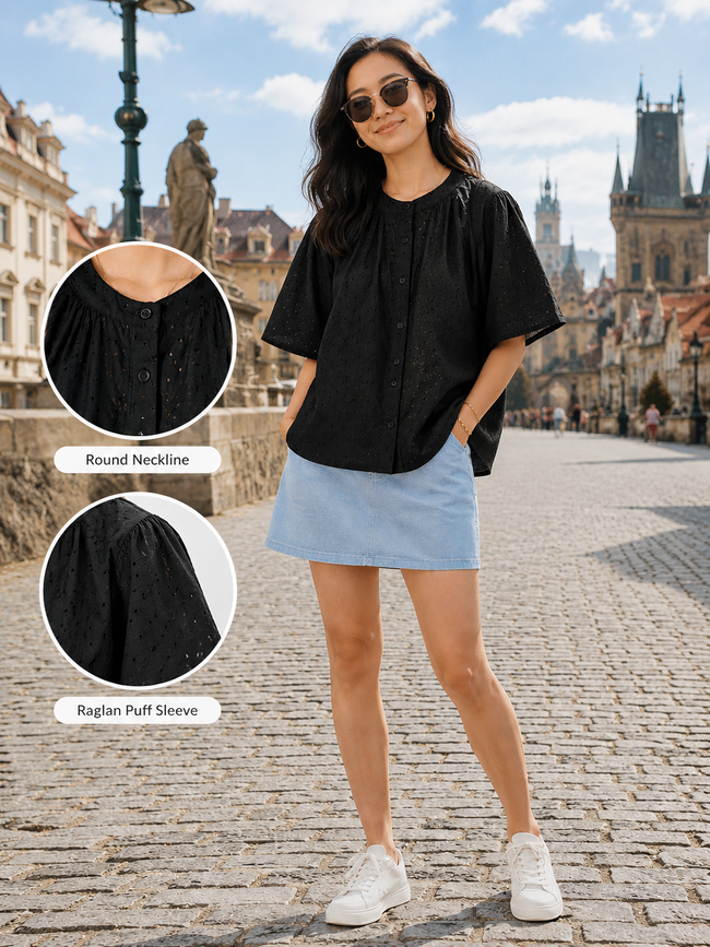 Women Black Broderie Flutter Sleeve Top