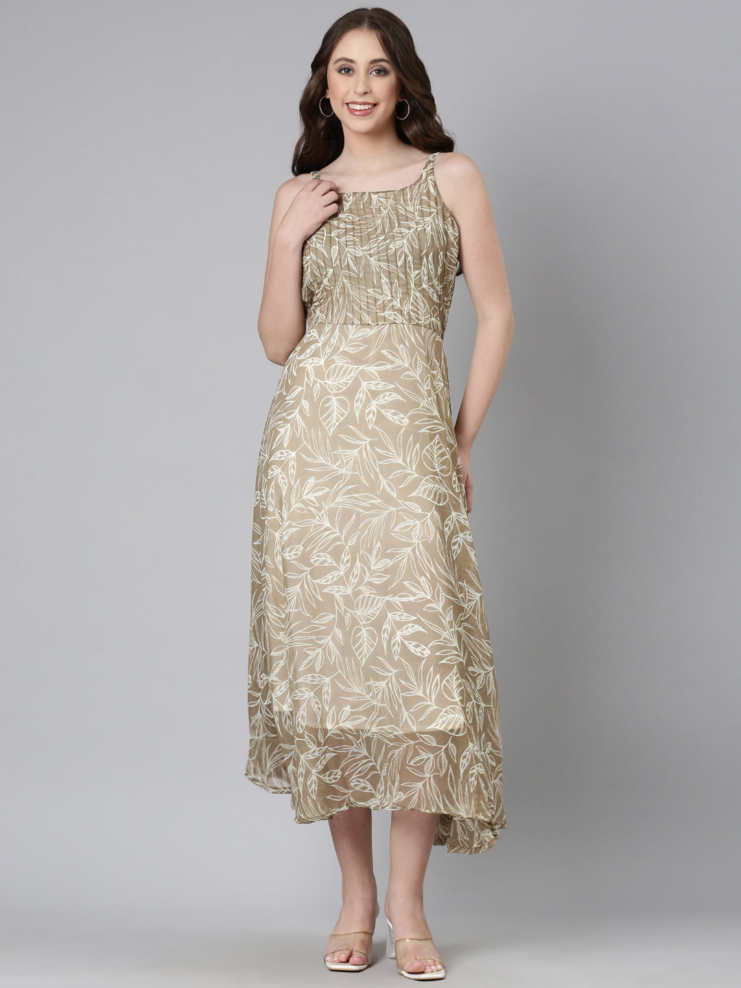 Women Beige Floral Chiffon Dress