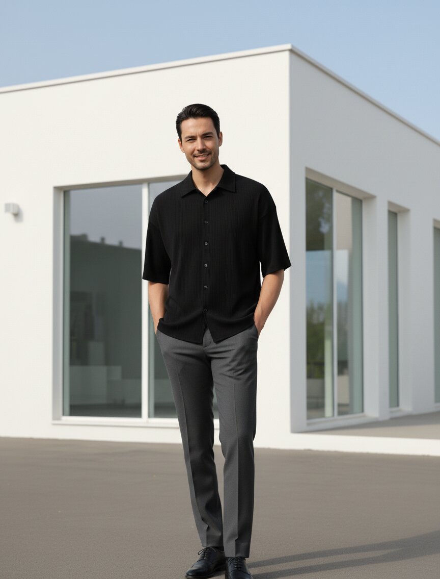 Men Black Button Down Collar Shirt