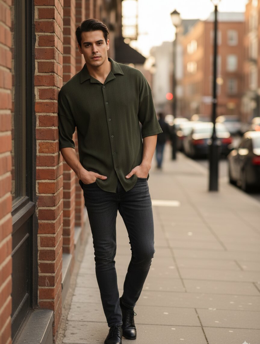 Men Olive  Button Down Collar Shirt