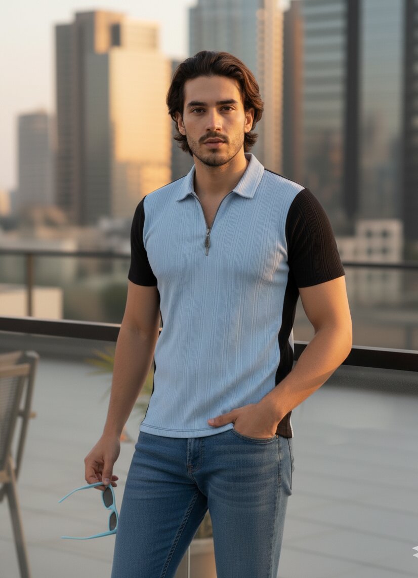 Men Blue Polo Neck T-Shirt
