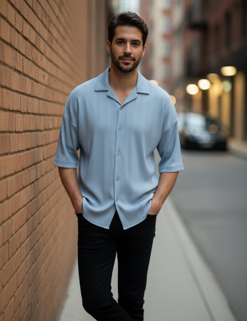Men Blue Button Down Collar Shirt