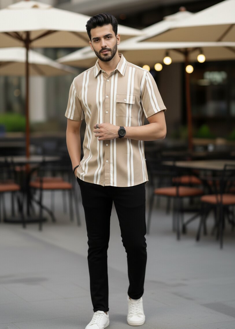 Men Beige Striped Shirt