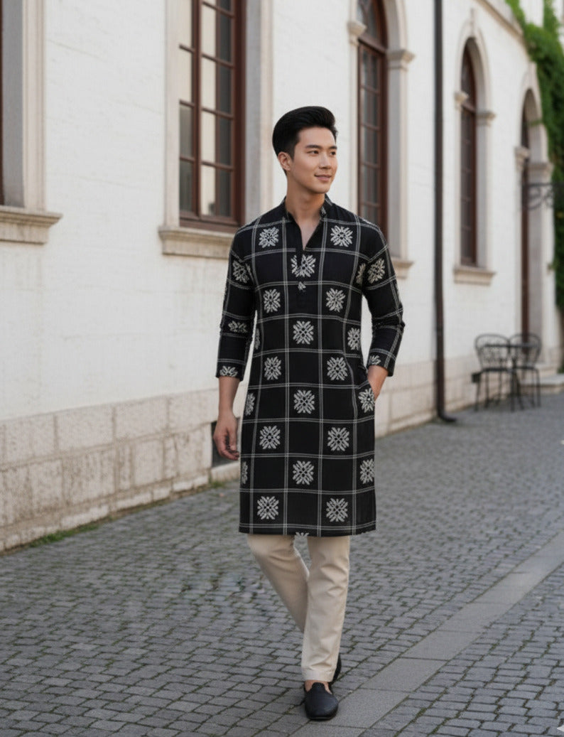 Men Black Embroidered Kurta