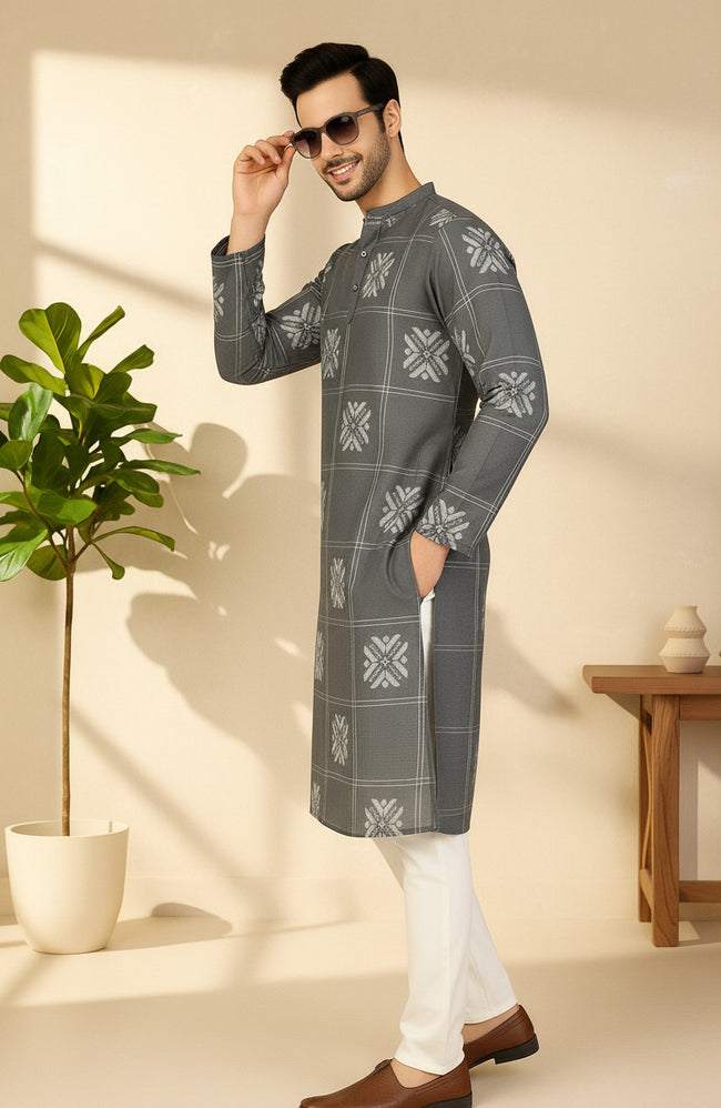 Men Grey Embroidered Kurta