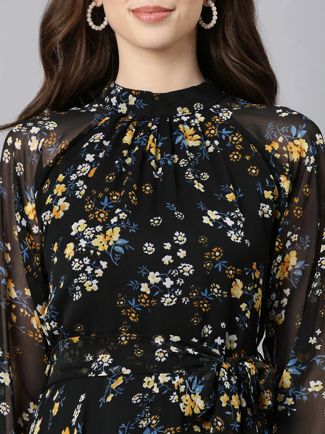 Women Black Floral Chiffon Dress