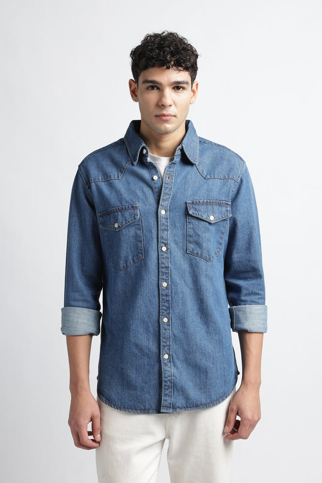 Men Mid Blue Western Denim Shirt