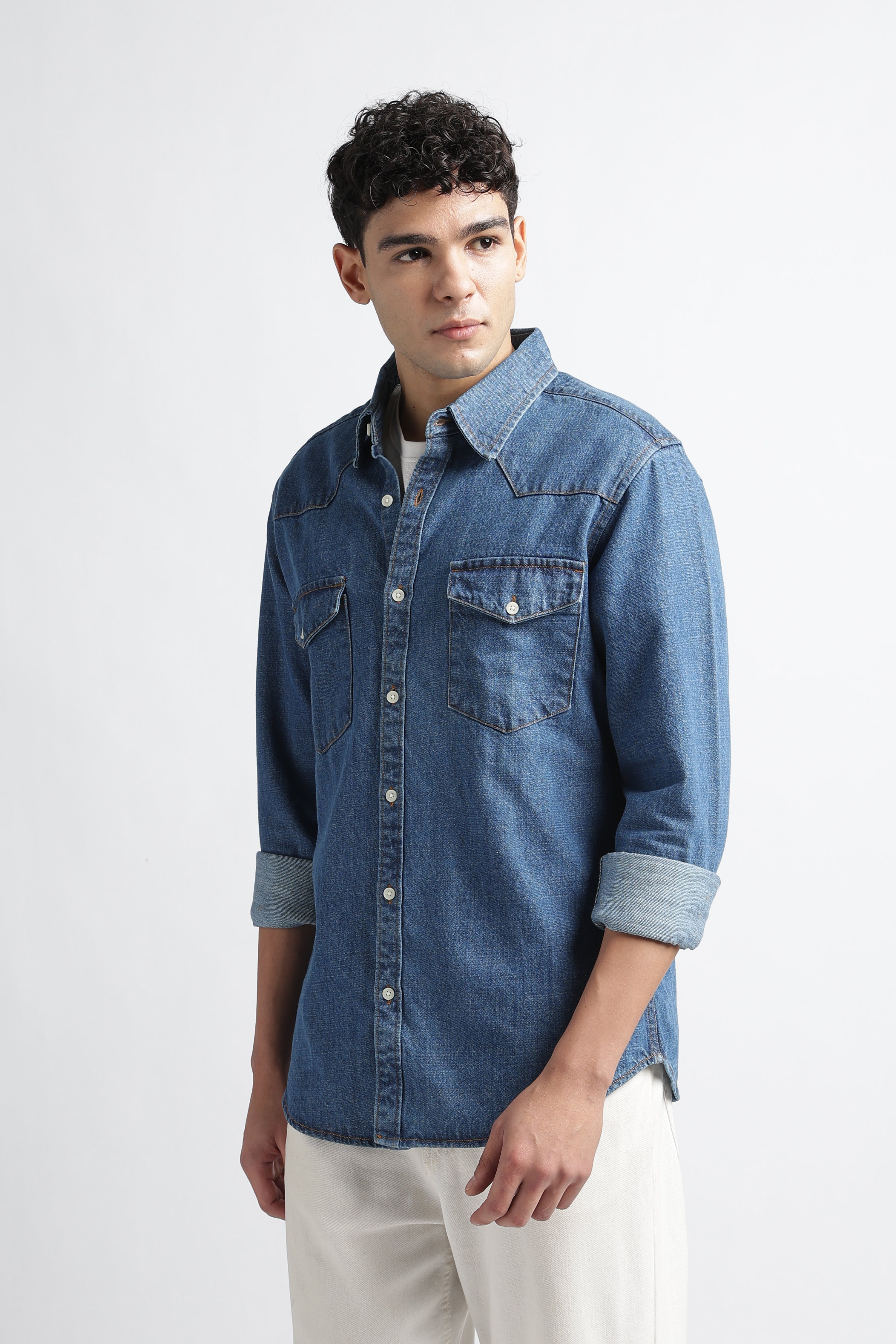 Men Mid Blue Western Denim Shirt