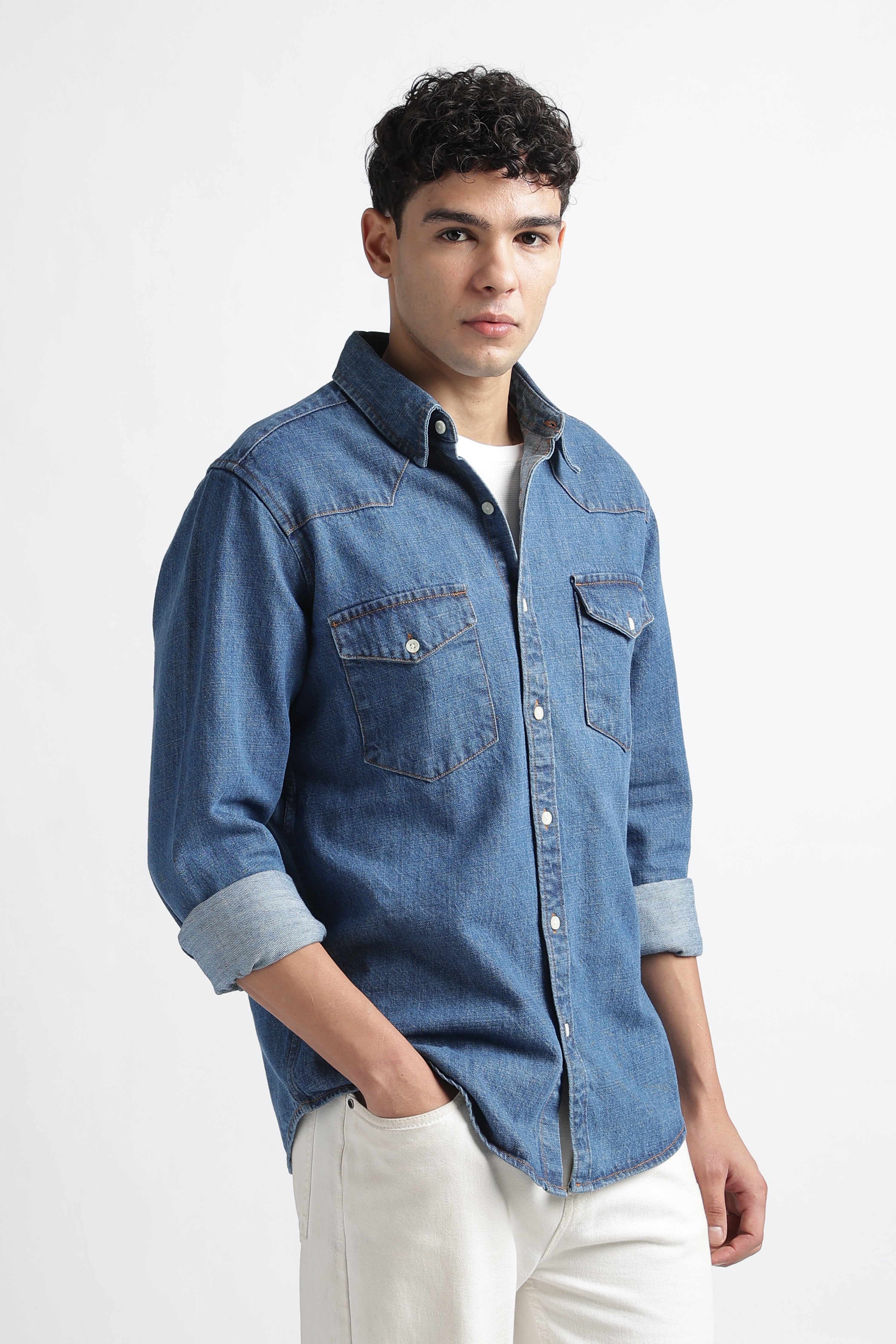 Men Mid Blue Western Denim Shirt